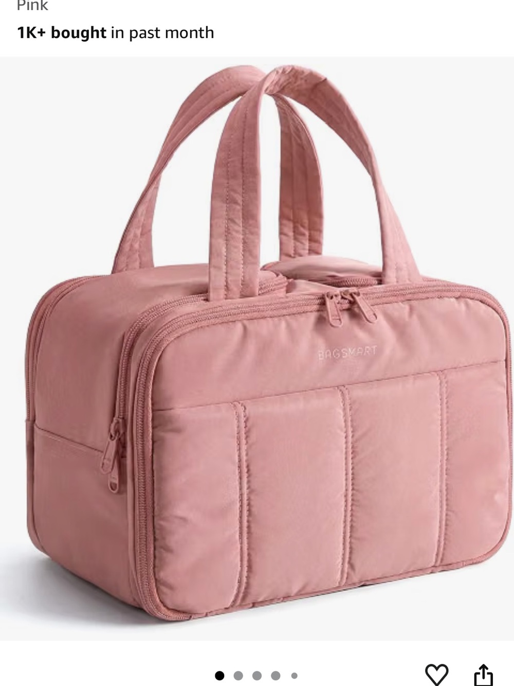 BagSmart Pink Quilted Travel Cosmetic Case with Dual Handles